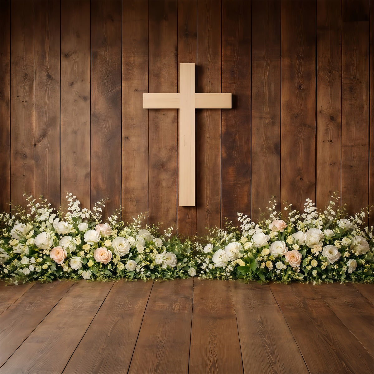 Religious Easter Backdrops Rustic Wooden Cross Floral Base Backdrops For Easter Plays LXX61-69