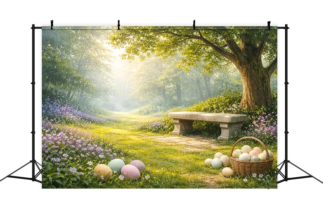 Rustic Easter Backdrop Sunlit Forest Meadow Bench Outdoor Easter Backdrops LXX61-83
