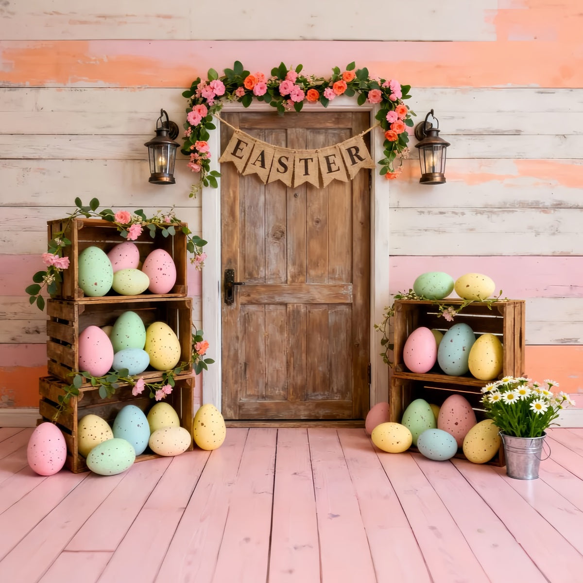 Easter Eggs Backdrop Pastel Crate Wooden Door Easter Party Backdrop LXX61-84