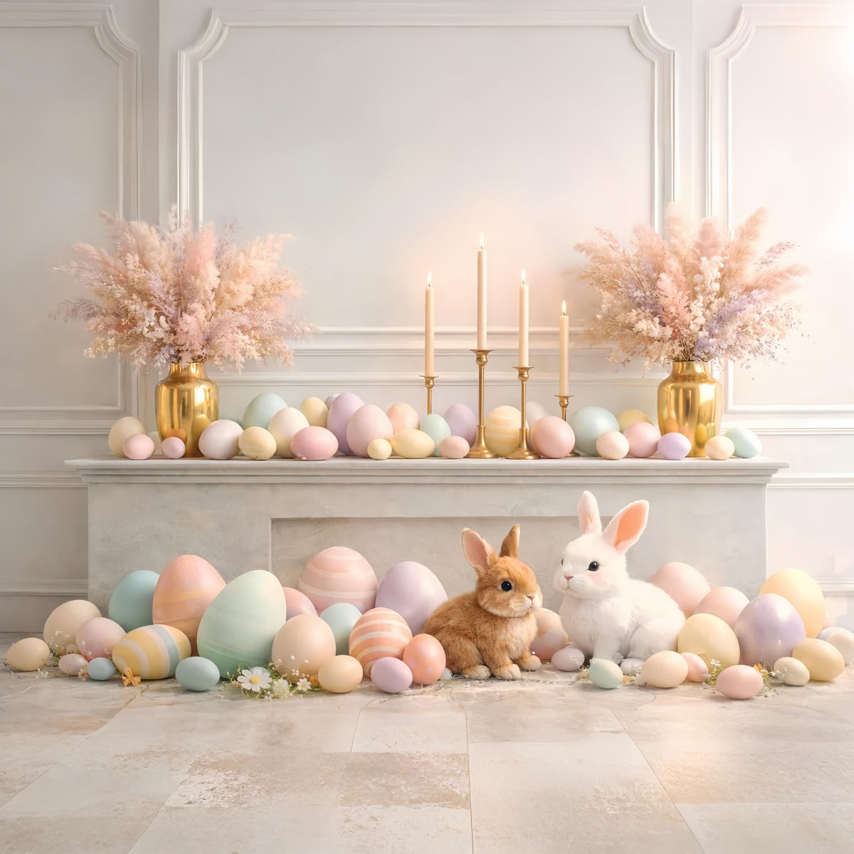 Easter Eggs Backdrop Elegant Mantel Bunny Retro Wall Easter Backdrop Photo LXX61-86