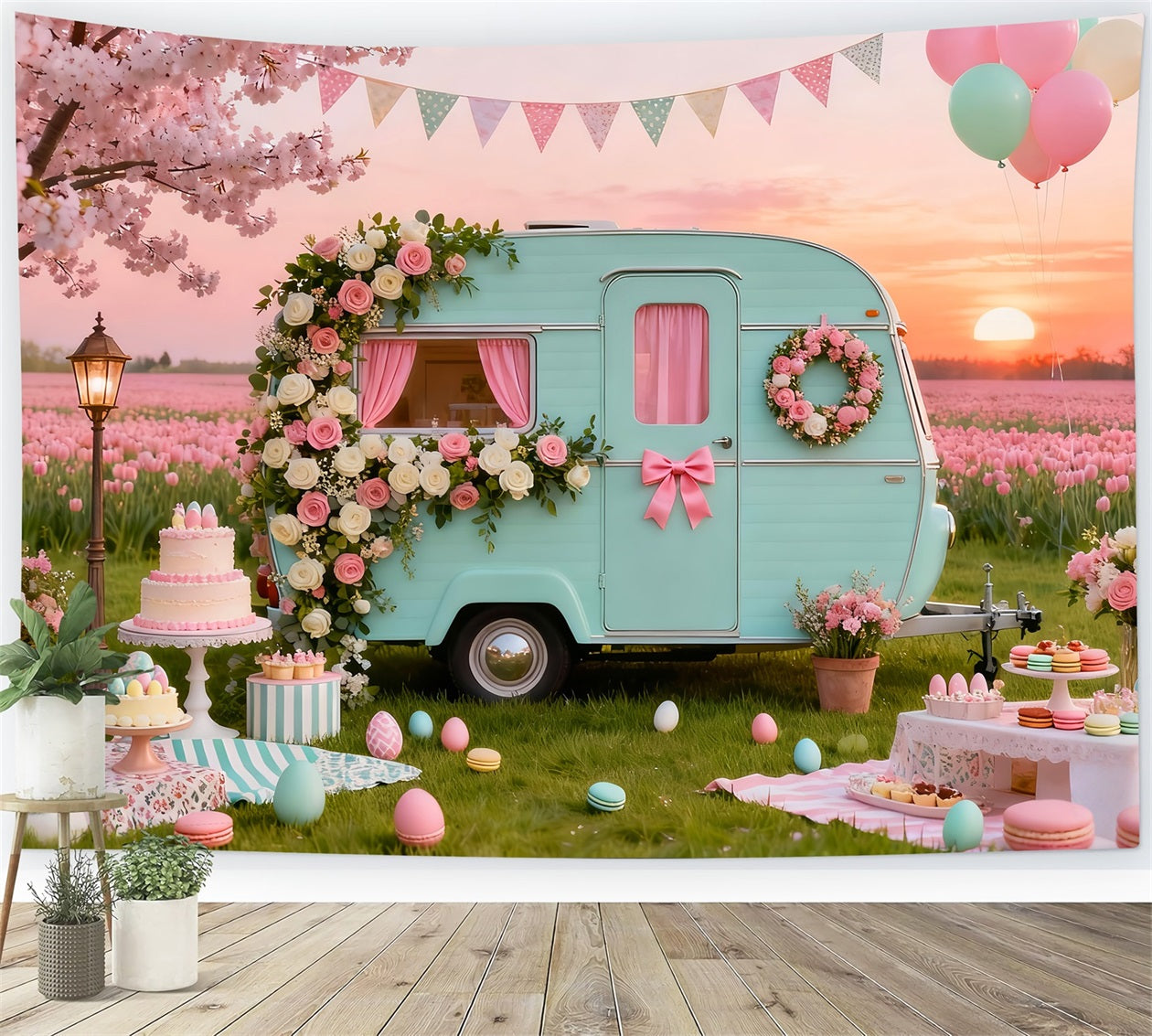 Egg Backdrop Vintage Floral Caravan Picnic Backdrop Ideas For Easter Pictures LXX61-91