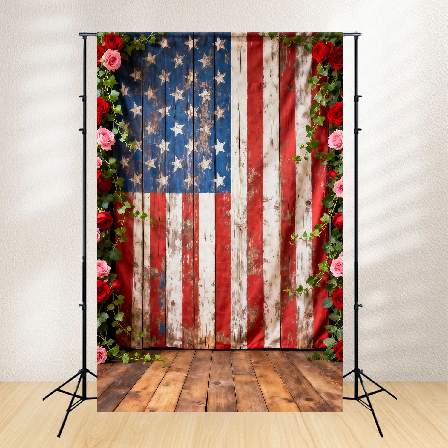 American Flag Backdrop Rustic Wood Floral Frame 4th of July Photography Backdrops LXX62-11