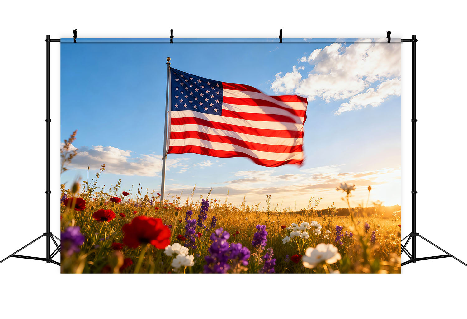American Flag Photo Backdrop Sunlit Meadow Wildflower Clouds Independence Day Backdrop LXX62-13