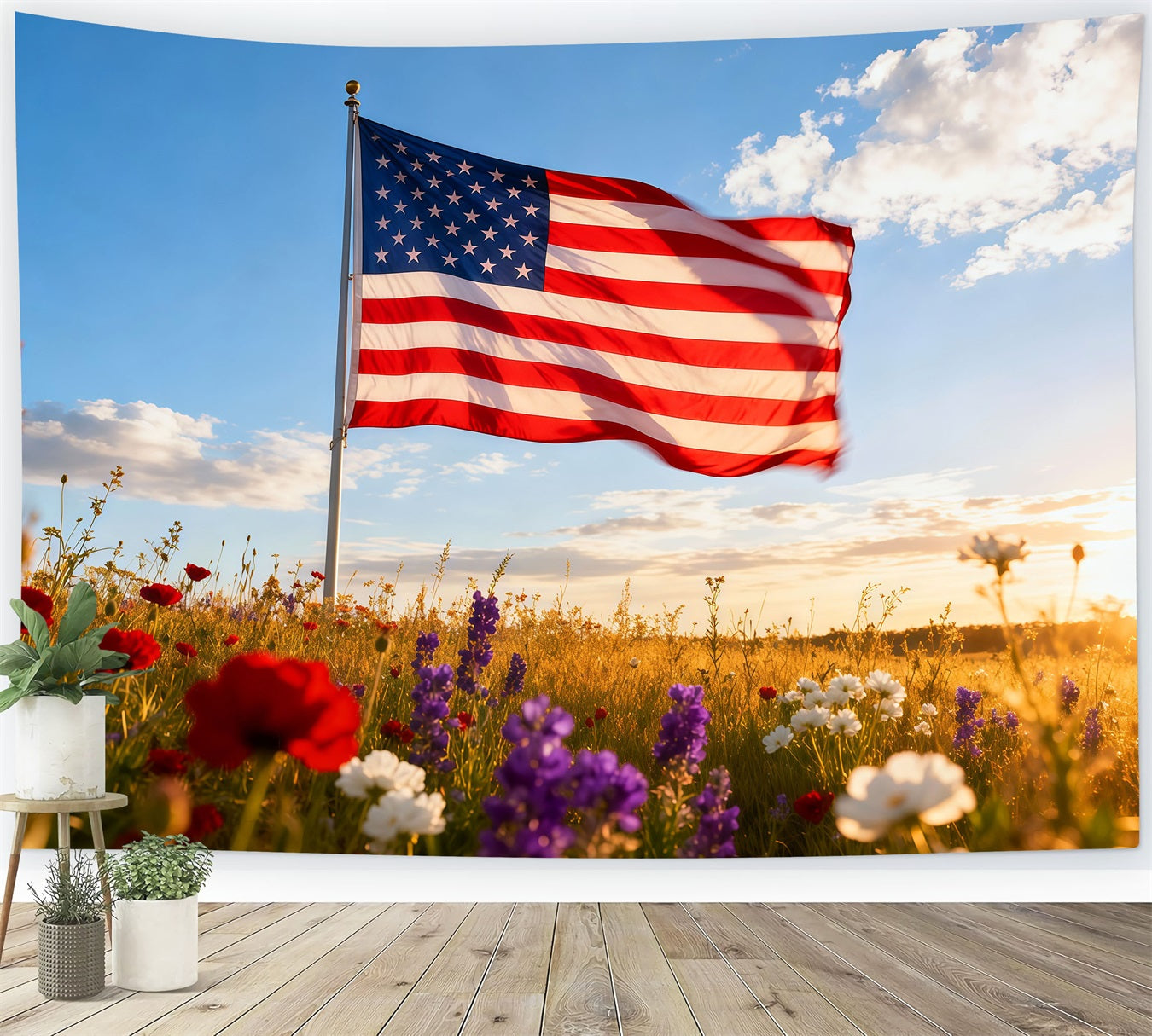 American Flag Photo Backdrop Sunlit Meadow Wildflower Clouds Independence Day Backdrop LXX62-13