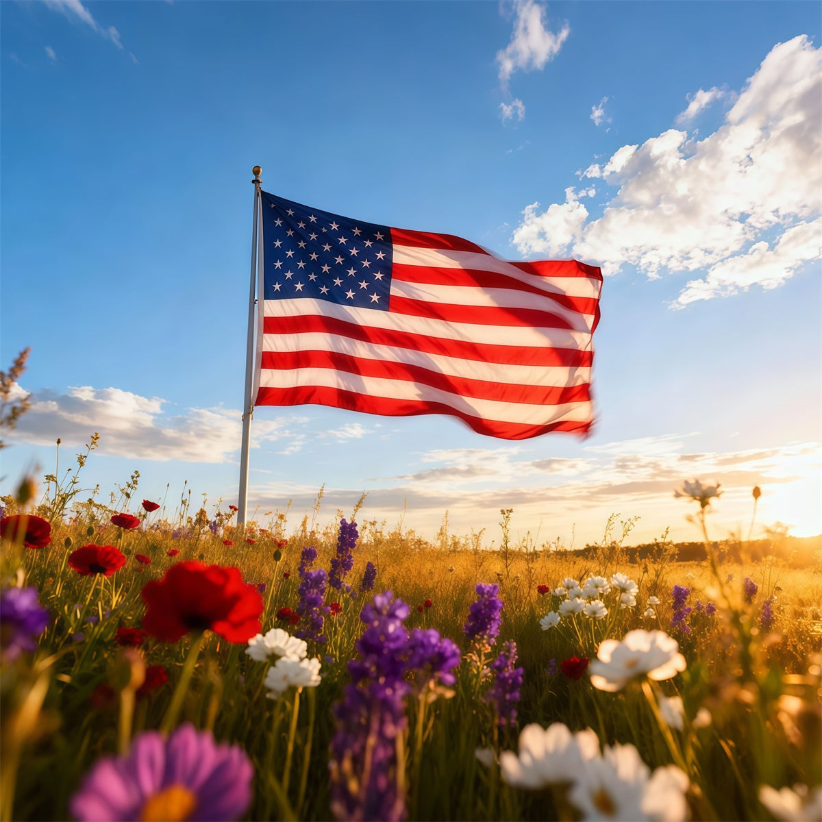 American Flag Photo Backdrop Sunlit Meadow Wildflower Clouds Independence Day Backdrop LXX62-13