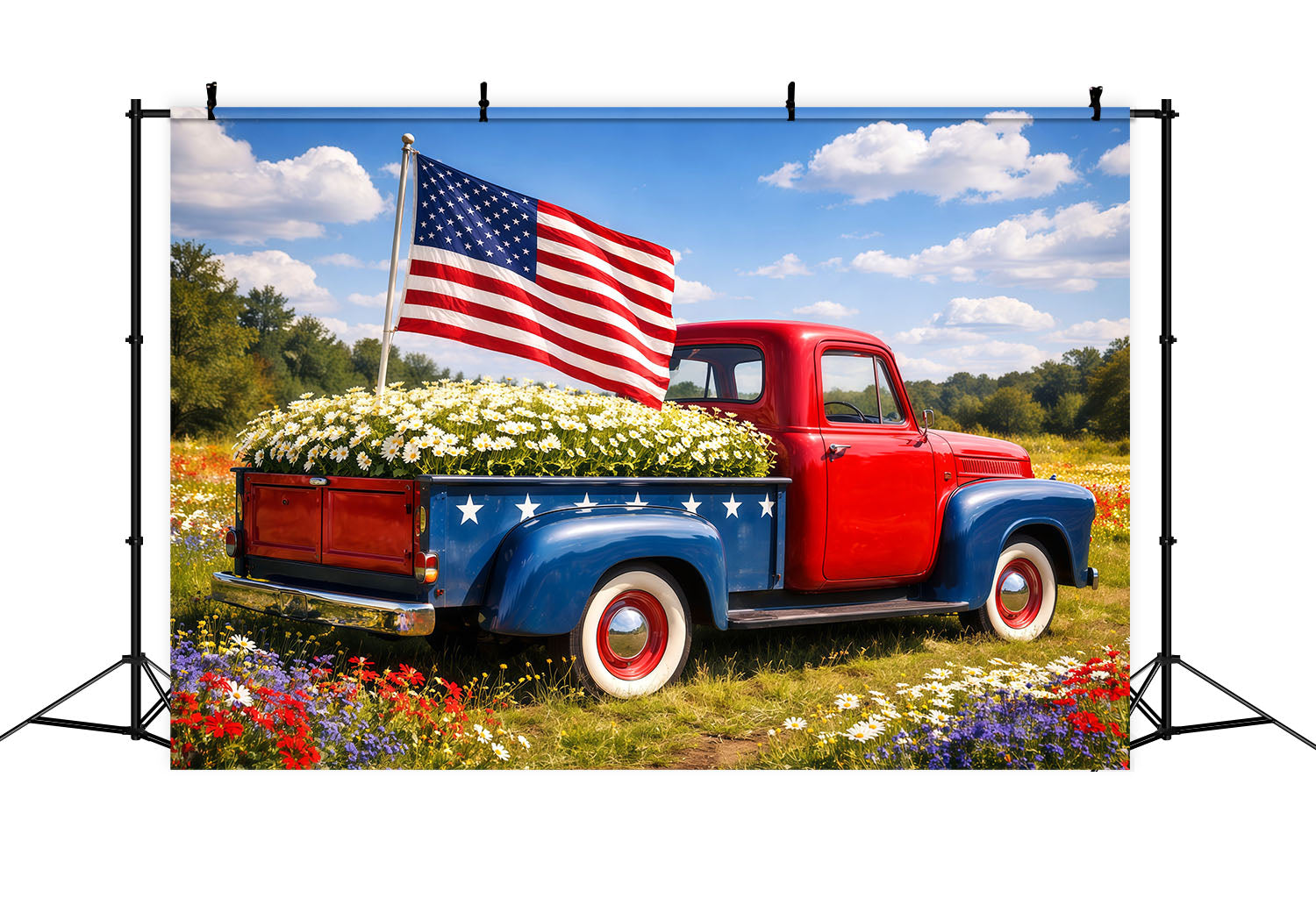 US Flag Backdrop Classic Pickup Daisy Meadow Independence Day Backdrops LXX62-18
