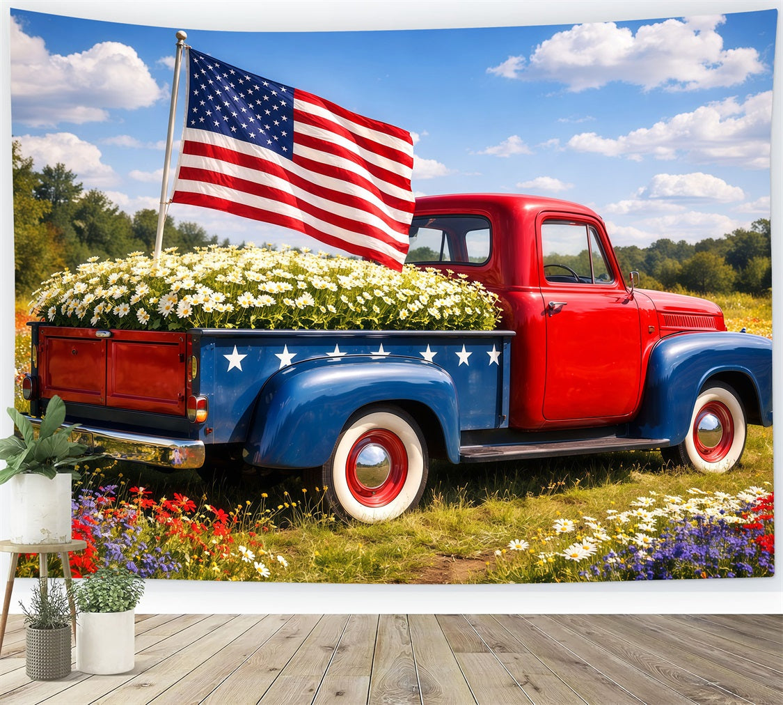 US Flag Backdrop Classic Pickup Daisy Meadow Independence Day Backdrops LXX62-18