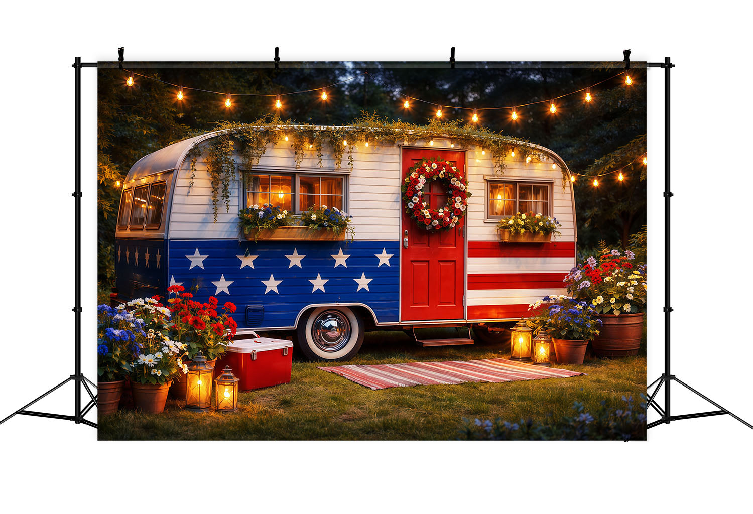 USA Flag Backdrop Patriotic Camper Garden Lights 4th of July Photography Backdrops LXX62-19
