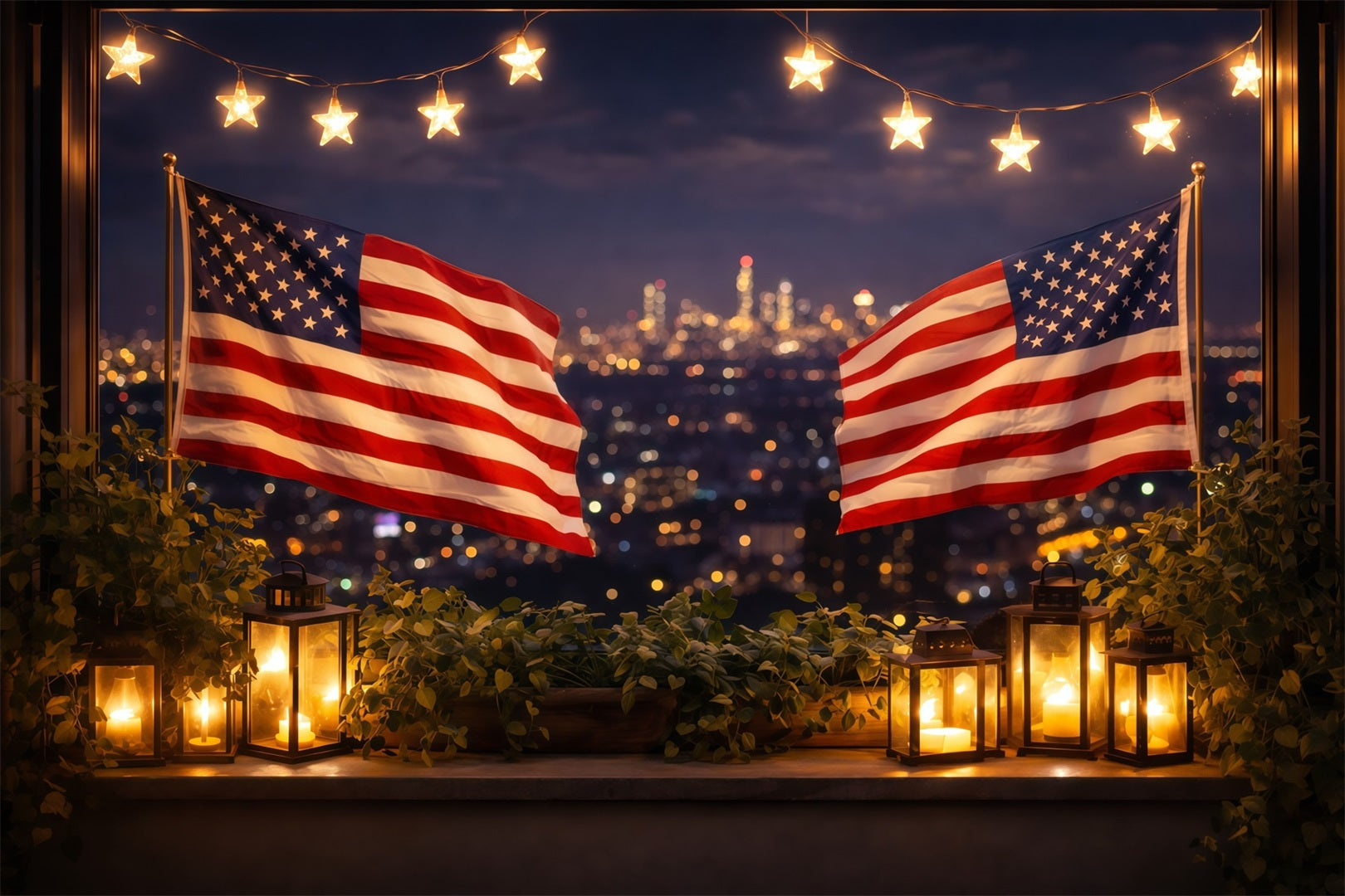American Flag Backdrop Photography Lantern Balcony City Glow 4th of July Backdrop LXX62-22