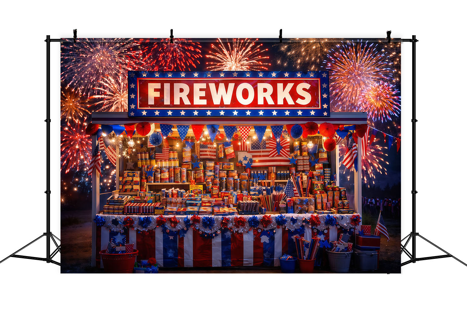 American Flag Photo Backdrop Festive Fireworks Market Stand 4th of July Backdrops LXX62-26