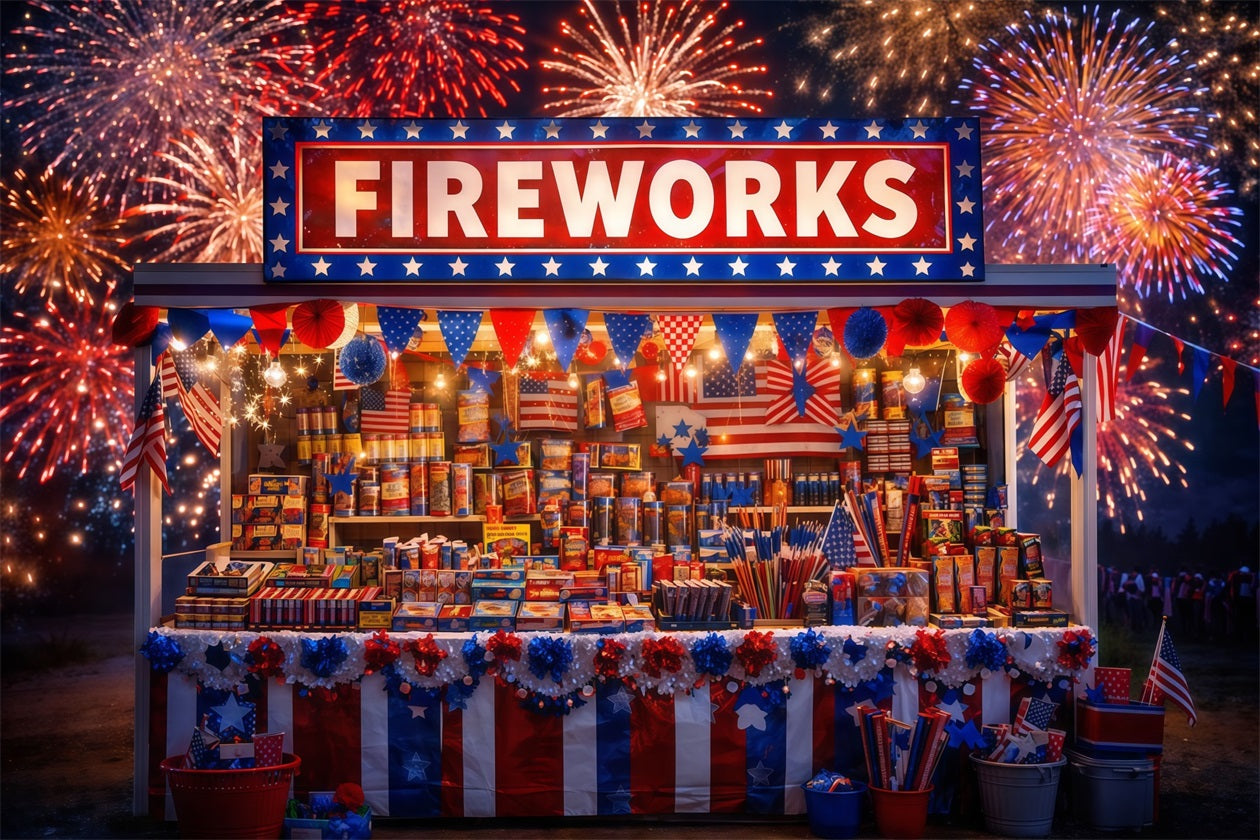 American Flag Photo Backdrop Festive Fireworks Market Stand 4th of July Backdrops LXX62-26