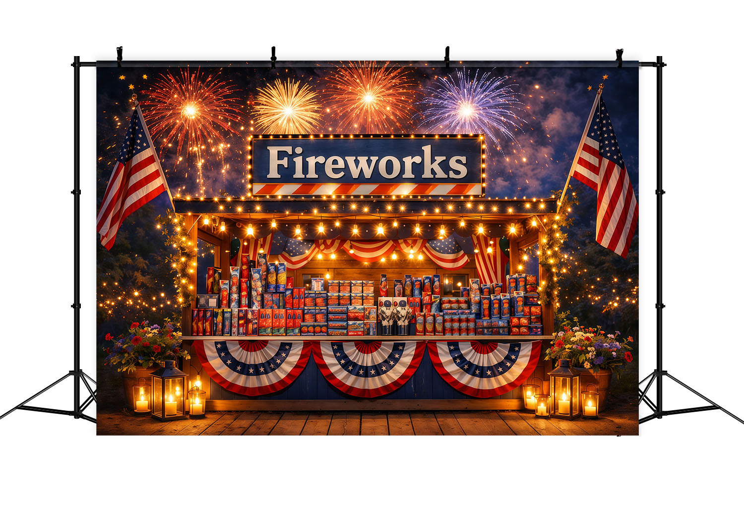 American Flag Backdrop Glowing Fireworks Night Booth Independence Day Backdrop LXX62-27