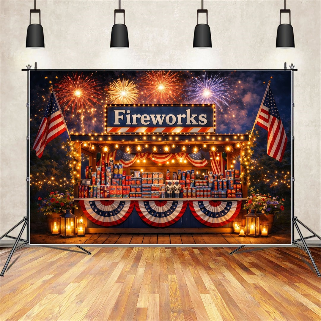 American Flag Backdrop Glowing Fireworks Night Booth Independence Day Backdrop LXX62-27