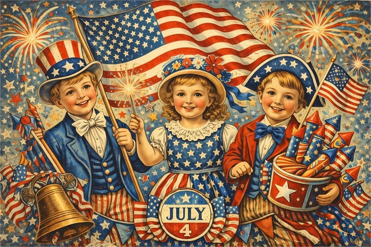 USA Flag Backdrop Vintage Patriotic Children Illustration 4th of July Fireworks Photo Backdrop LXX62-29