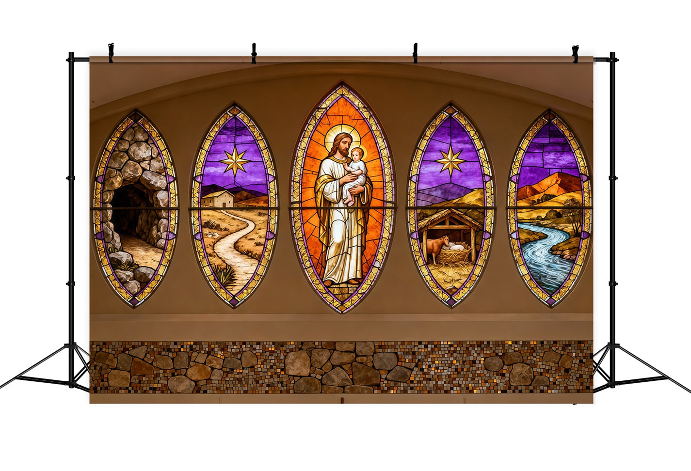 Easter Church Photo Backdrop Resurrection Shepherd Stained Glass Panels Easter Backdrops LXX62-35