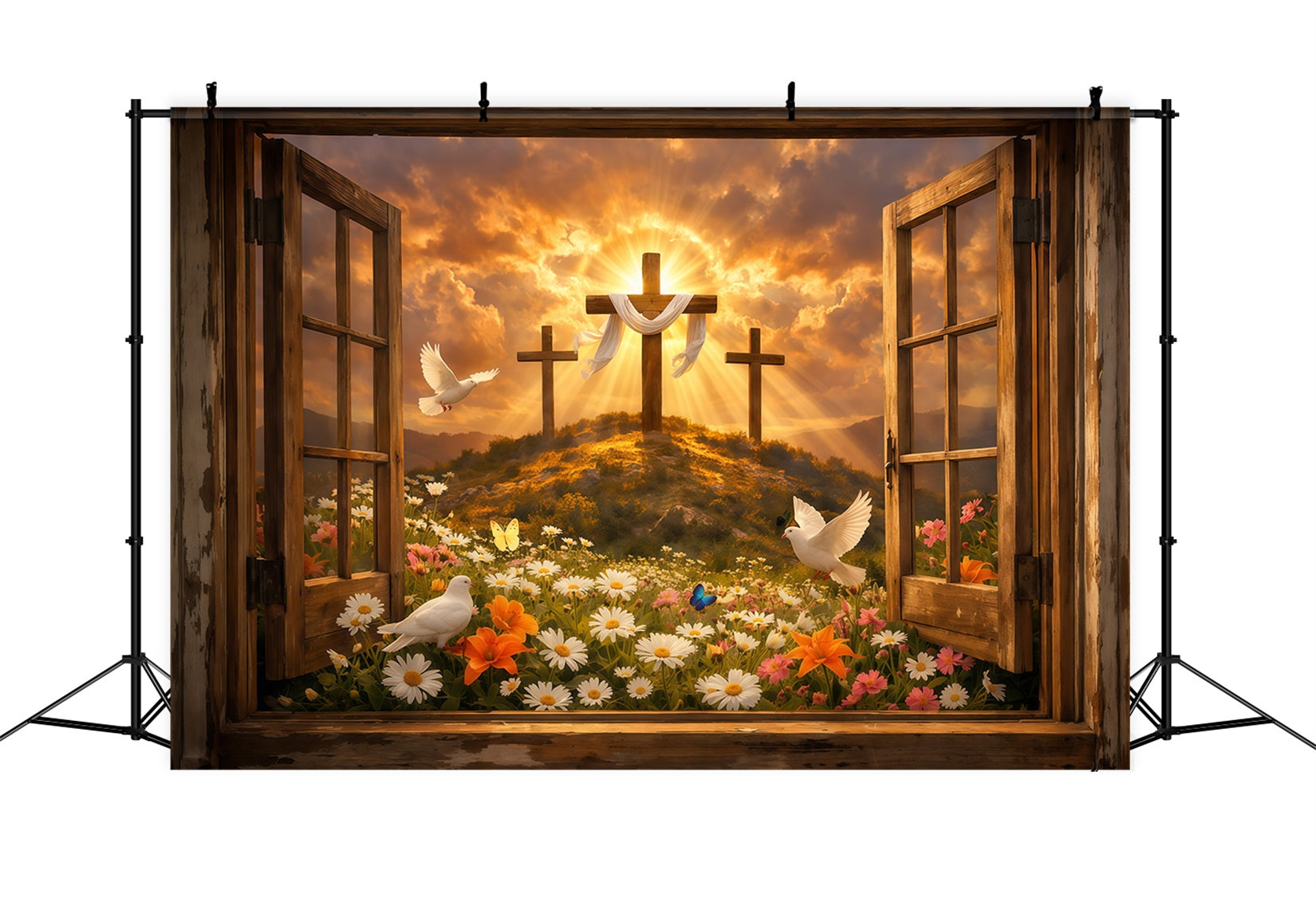 Easter Church Backdrop Resurrection Hill Sunrise Open Window Easter Photo Backdrops LXX62-37