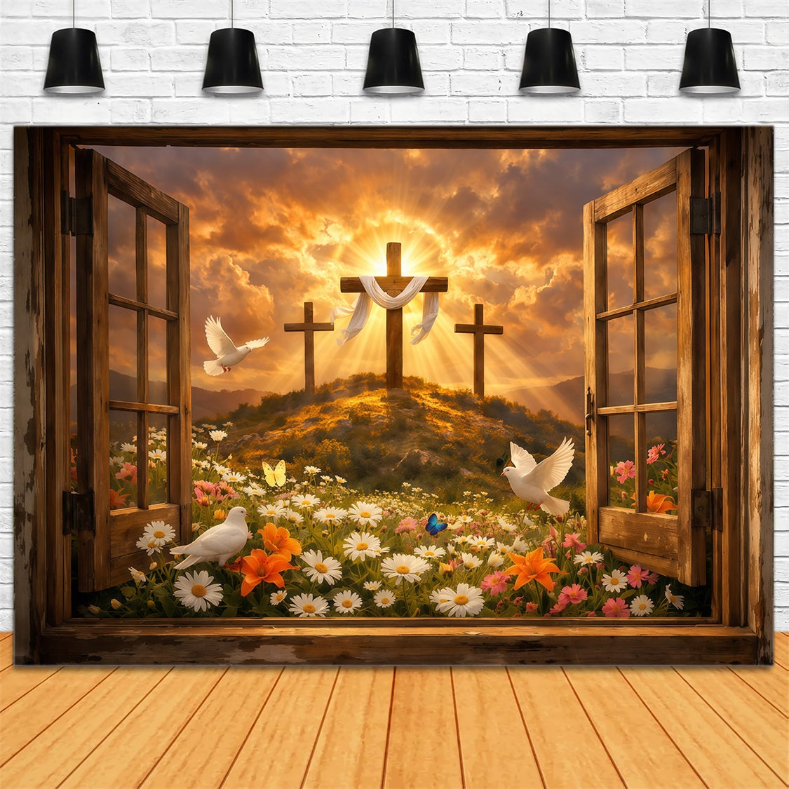 Easter Church Backdrop Resurrection Hill Sunrise Open Window Easter Photo Backdrops LXX62-37