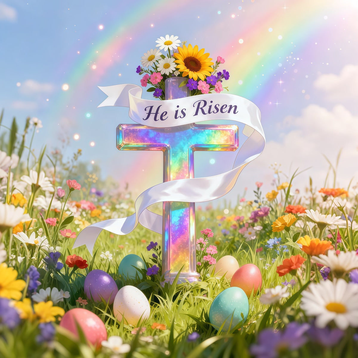 Easter Sunday Backdrop He Is Risen Cross Eggs Easter Photo Backdrop Ideas LXX62-43