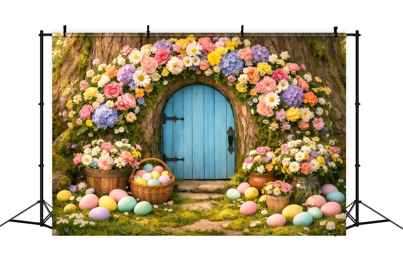 Easter Eggs Backdrop Pastel Floral Tree Doorway Easter Backdrop For Photos LXX62-49