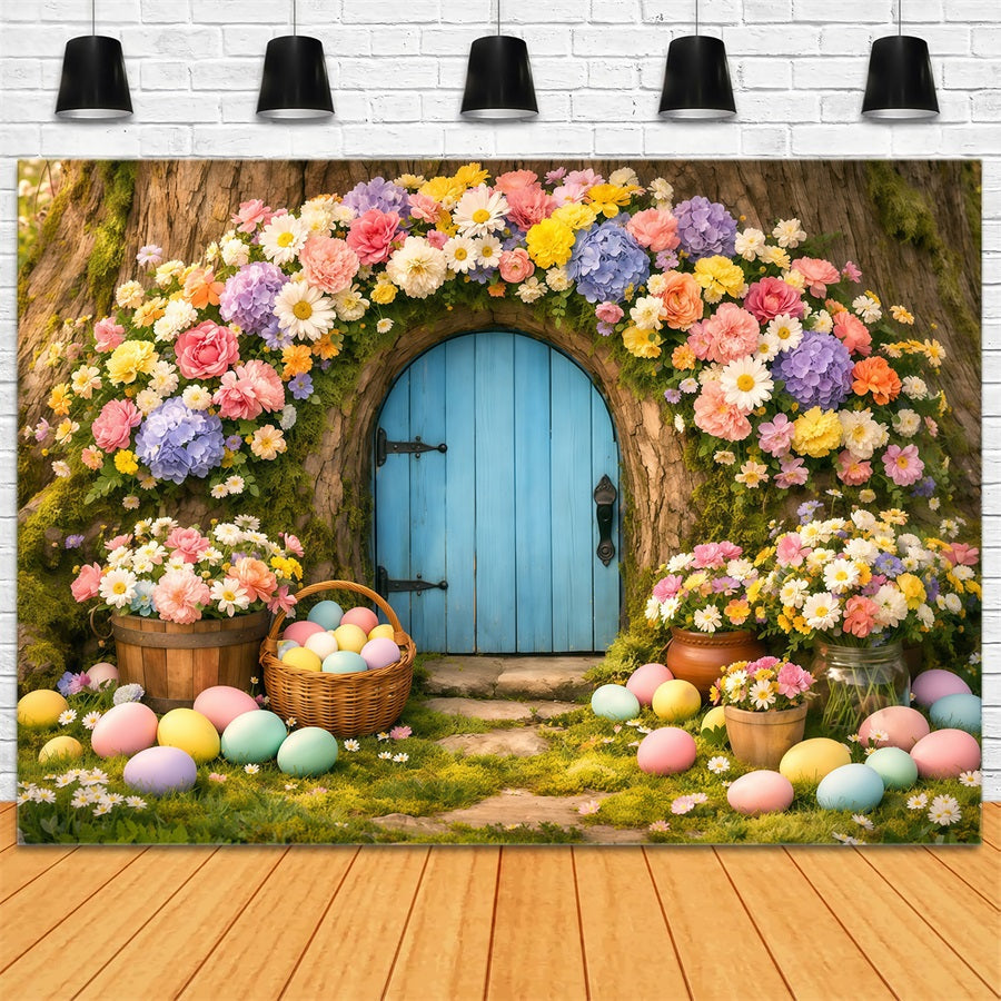 Easter Eggs Backdrop Pastel Floral Tree Doorway Easter Backdrop For Photos LXX62-49