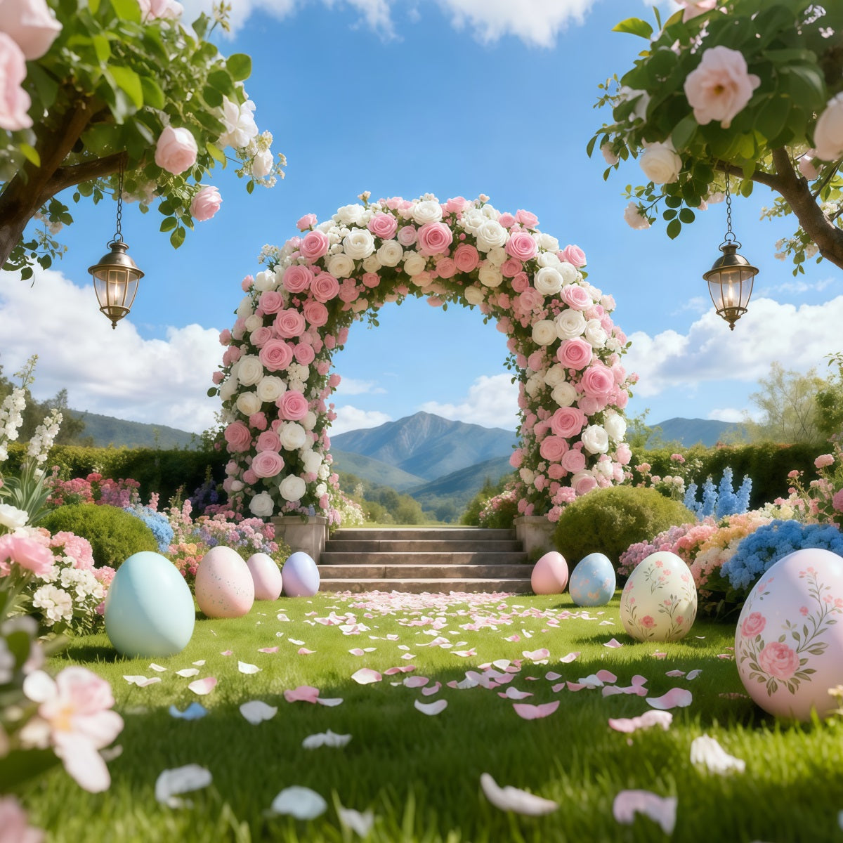 Egg Backdrop Romantic Garden Rose Arch Mountain Landscape Backdrop Easter LXX62-50