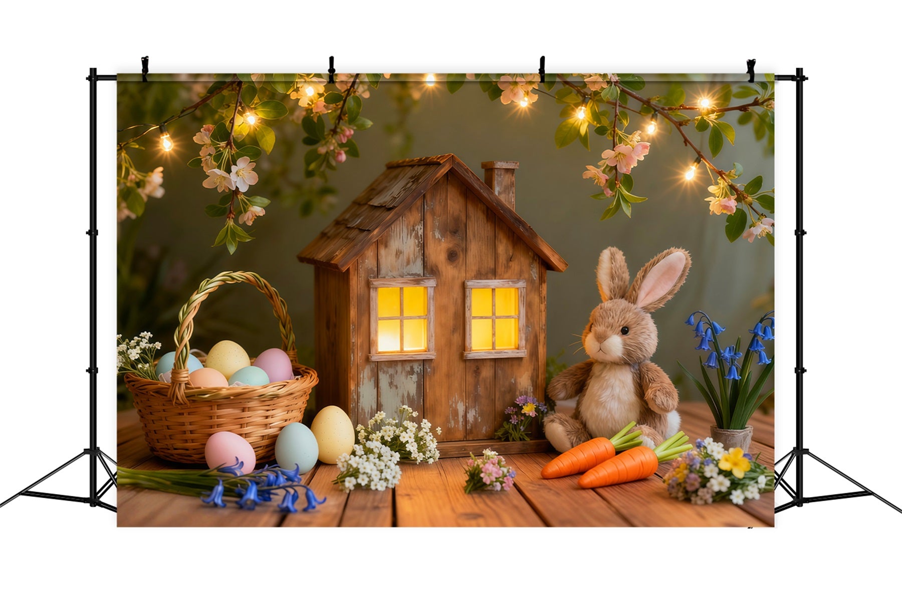 Easter Bunny Backdrop For Photos Rustic Cottage Lights Egg Backdrop For Easter LXX62-51