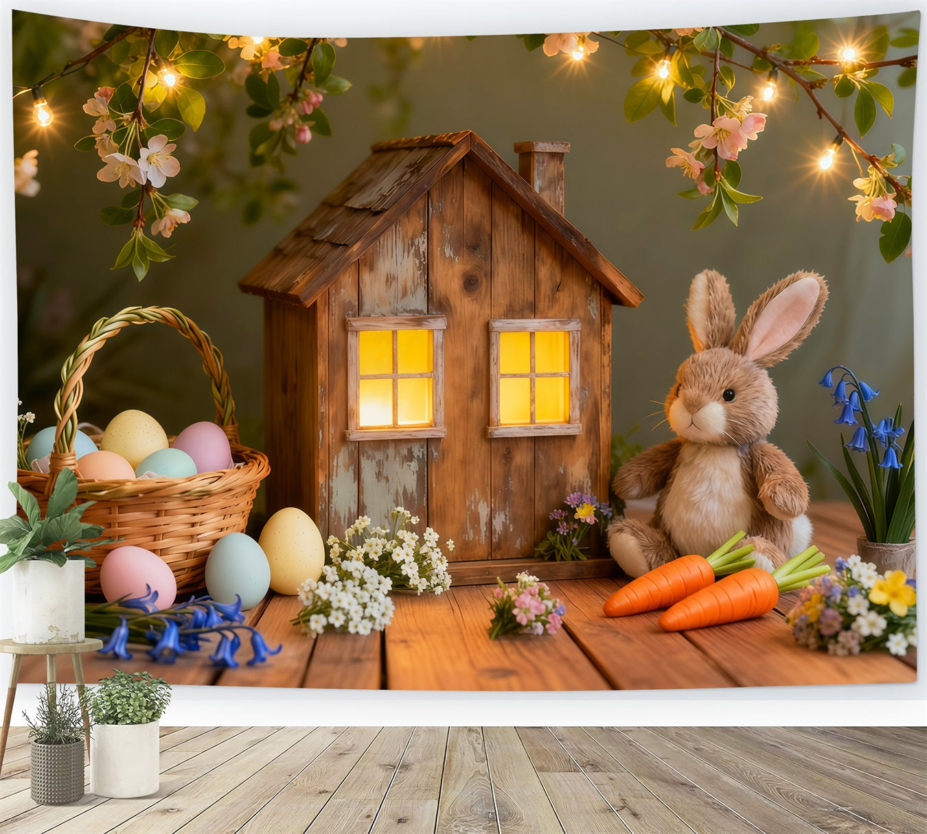 Easter Bunny Backdrop For Photos Rustic Cottage Lights Egg Backdrop For Easter LXX62-51