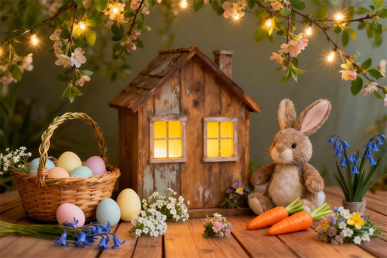 Easter Bunny Backdrop For Photos Rustic Cottage Lights Egg Backdrop For Easter LXX62-51