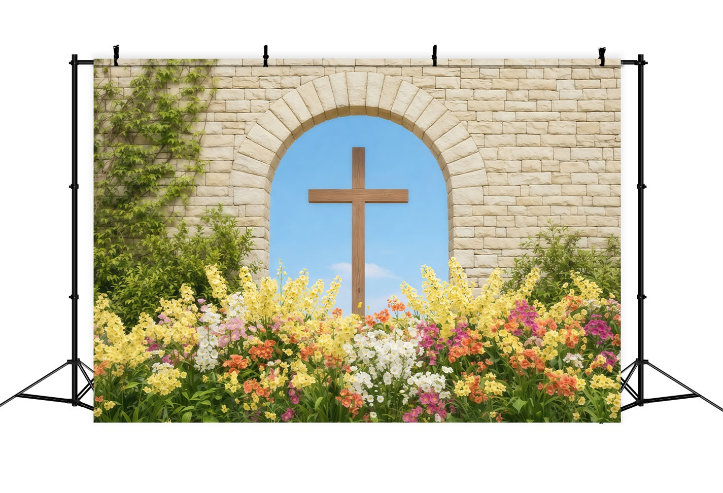 Easter Photo Backdrop Ideas For Church Stone Arch Cross Spring Garden Easter Picture Backdrop LXX62-54