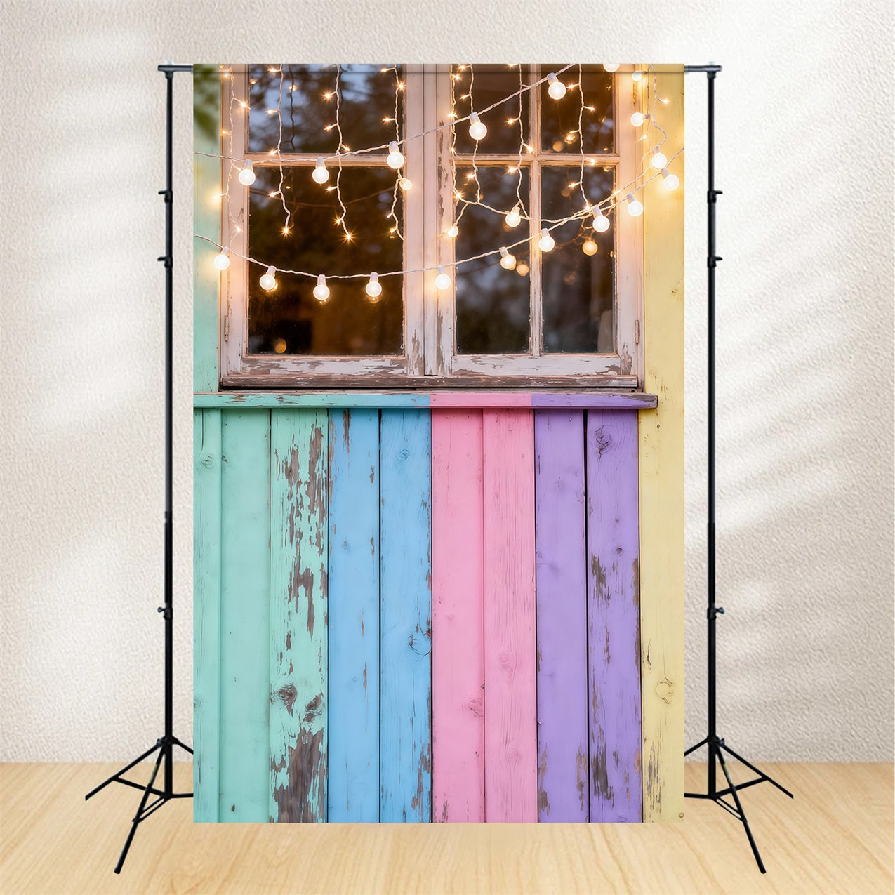 Easter Sunday Photo Backdrop Pastel Wooden Window Fairy Lights Easter Photography Backdrop LXX62-56
