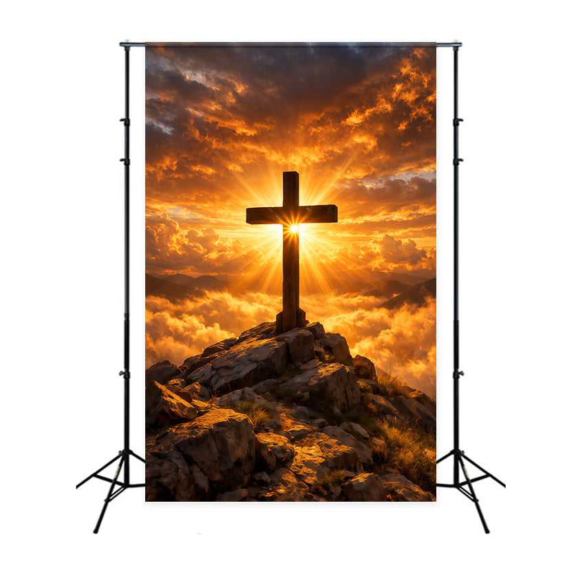 Religious Easter Backdrop Golden Radiant Cross Sunrise Easter Photography Backdrops For Sale LXX62-58