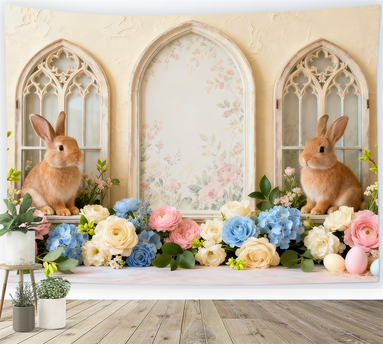 Easter Bunny Picture Backdrop Vintage Floral Arch Windows Backdrops For Easter Pictures LXX62-61