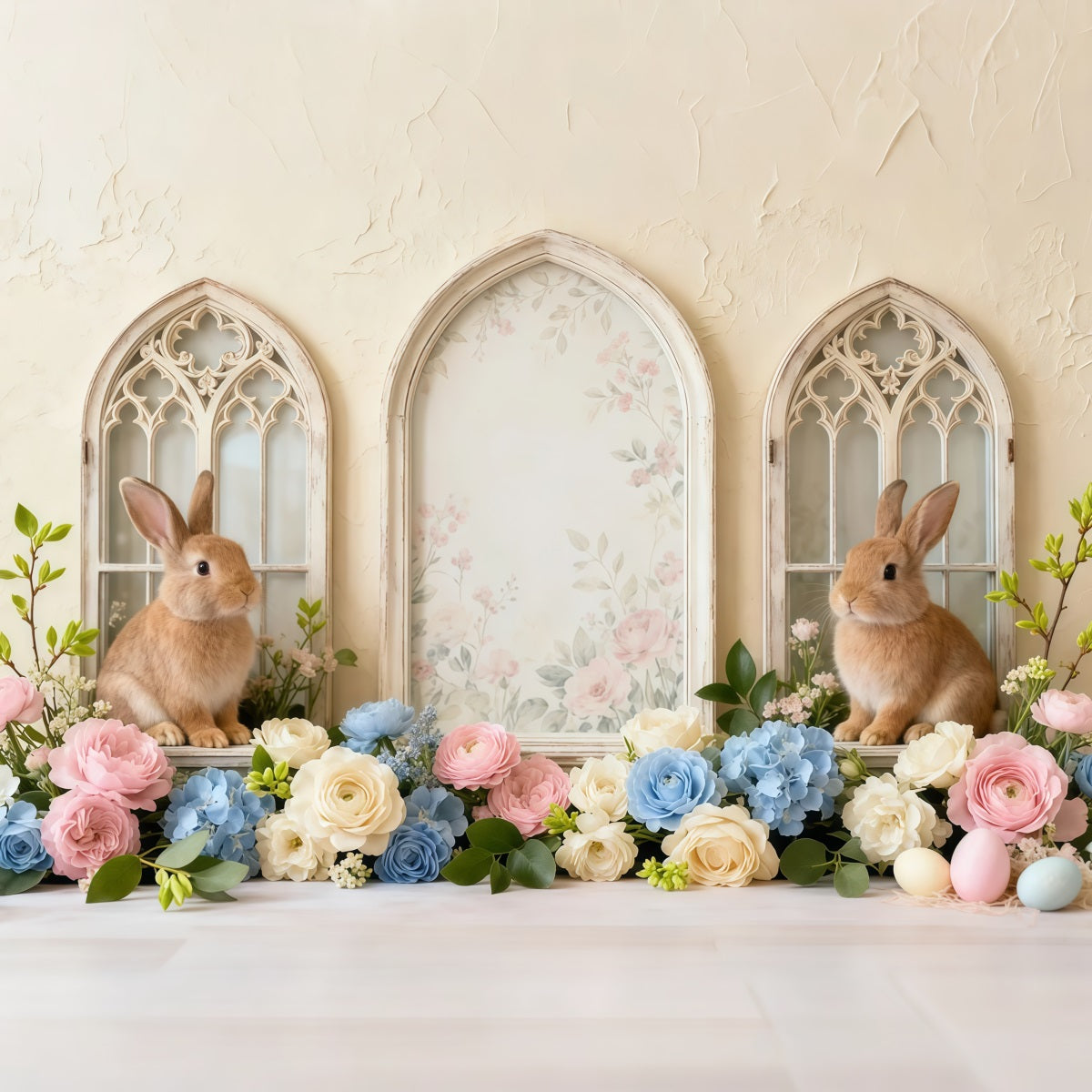 Easter Bunny Picture Backdrop Vintage Floral Arch Windows Backdrops For Easter Pictures LXX62-61