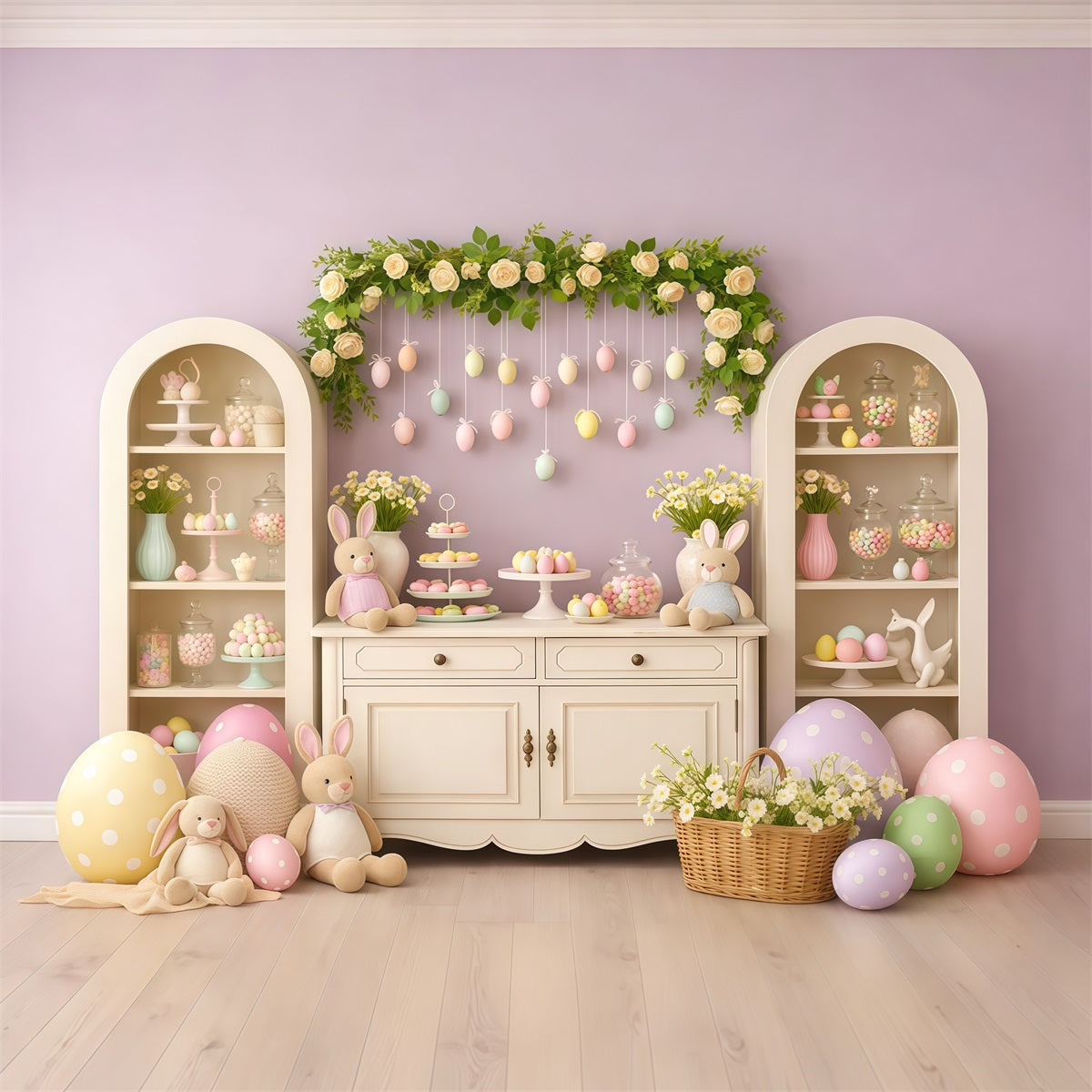 Cute Easter Backdrop Lavender Sweet Macaron Bunny Display Backdrop For Easter Pictures LXX62-63