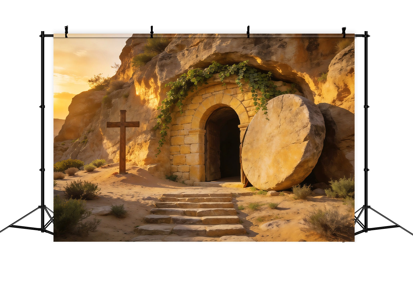 Easter Tomb Backdrop Golden Sunrise Empty Cave Cross Outdoor Easter Backdrop LXX62-64