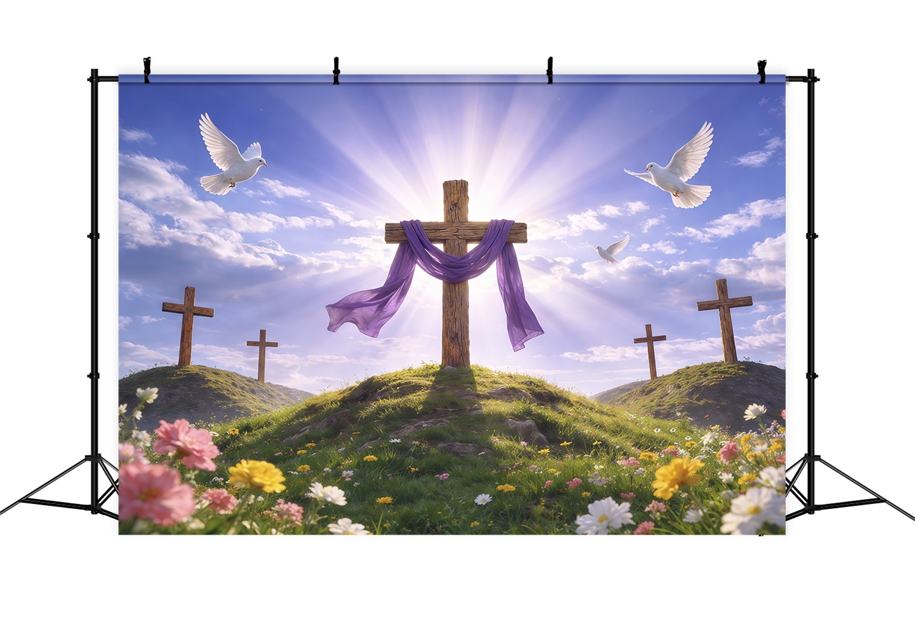 He Has Risen Backdrop Radiant Hilltop Cross Purple Drape Photography Easter Backdrop LXX62-67