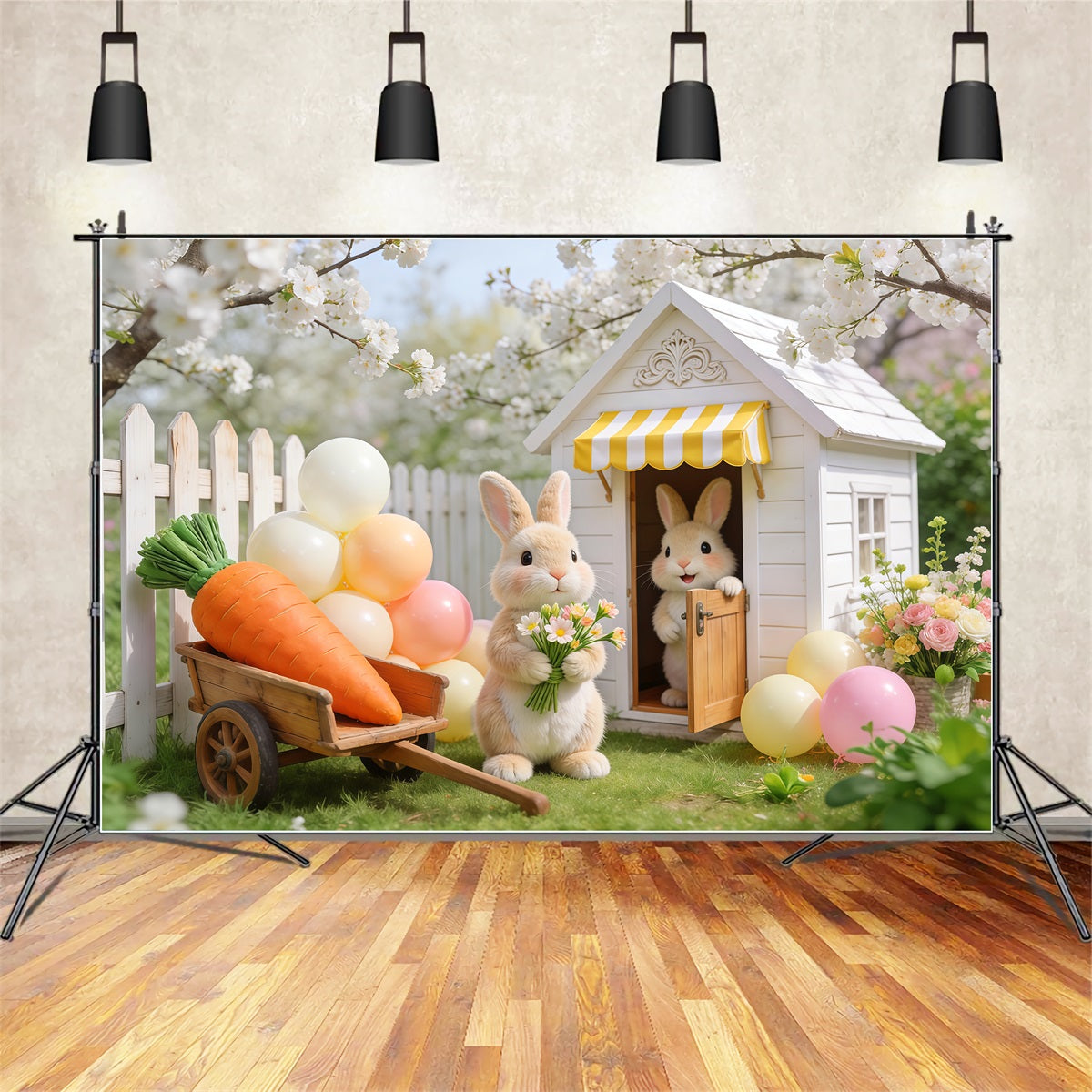 Easter Backdrop With Balloons Cherry Blossom Bunny Garden Cottage Easter Themed Backdrop LXX62-68