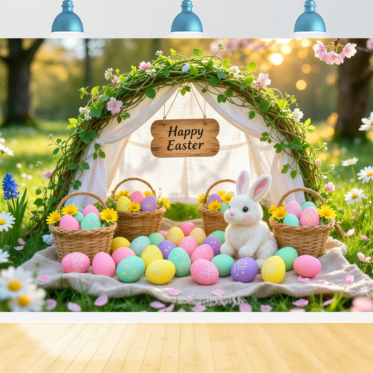 Easter Photo Backdrops Church Spring Meadow Egg Basket Arch 10x10 Easter Backdrop LXX62-79