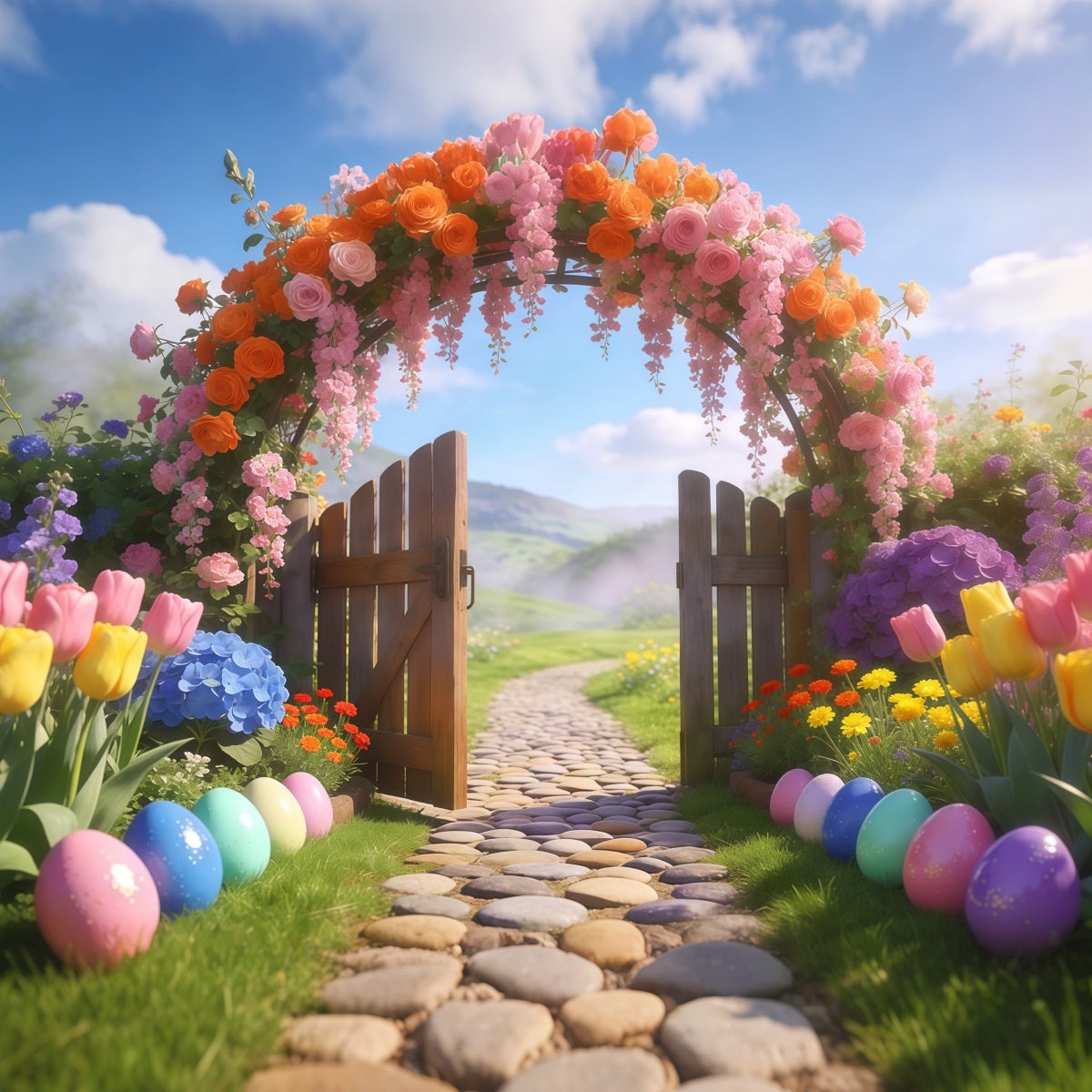 Easter Spring Backdrop Floral Wisteria Cottage Gate Easter Backdrop 10x10 LXX62-82