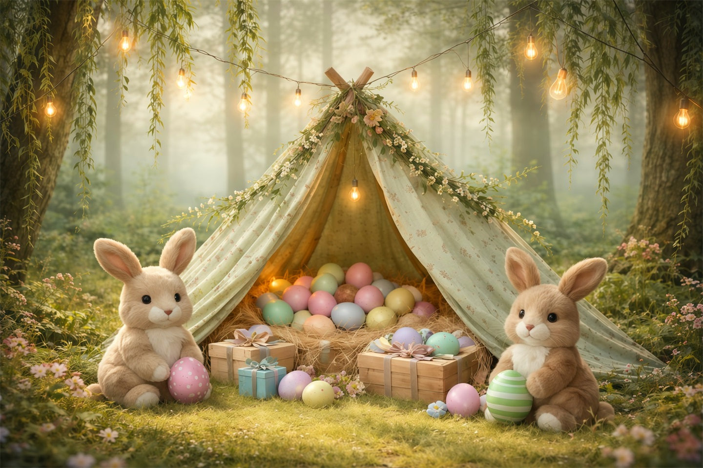 Bunny Backdrop Foggy Forest Willow Egg Teepee Easter Pictures Backdrop LXX62-90