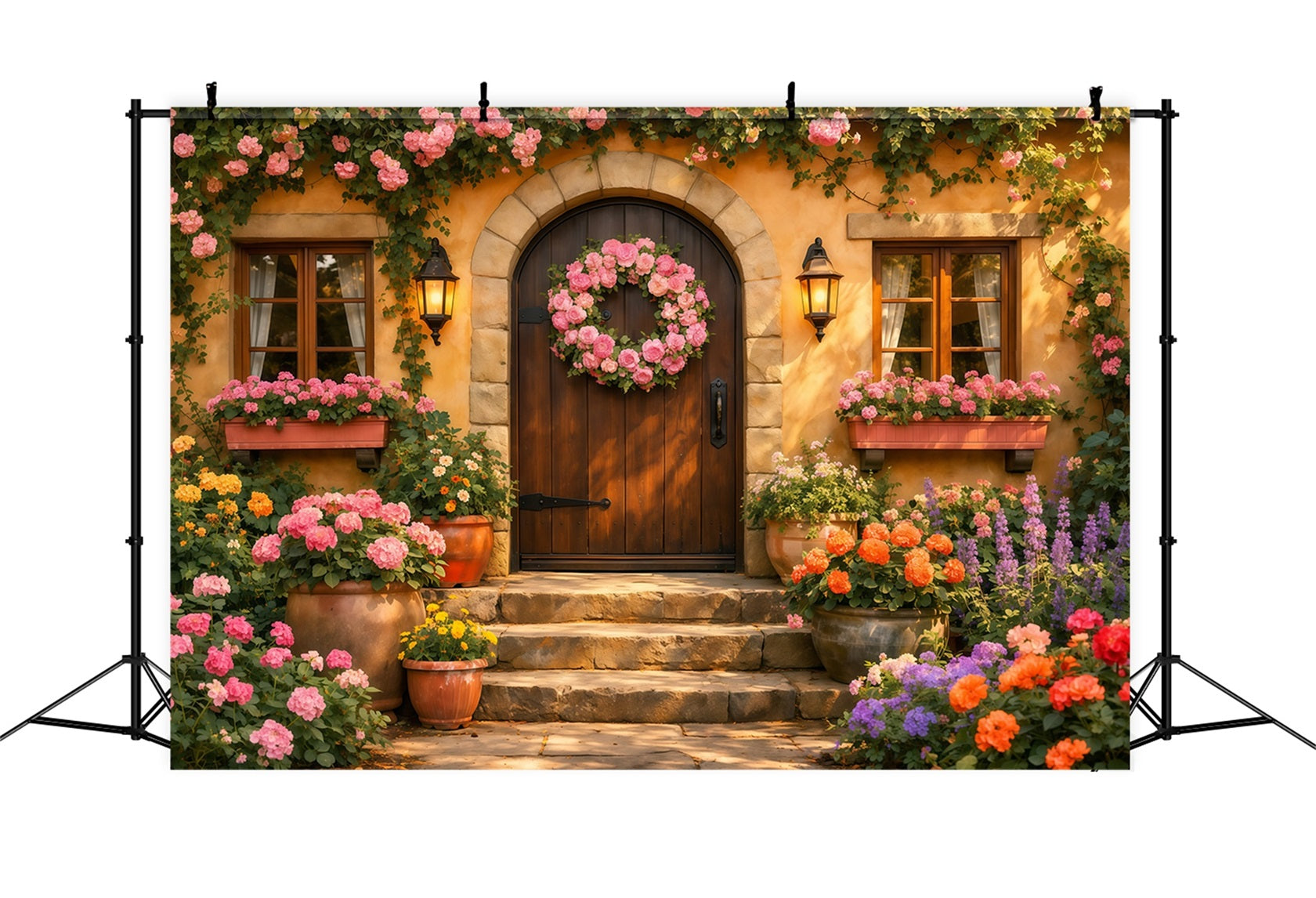 Romantic Cottage Mother's Day Backdrop Floral Wreath Door Lantern Happy Mothers Day Backdrop LXX63-18