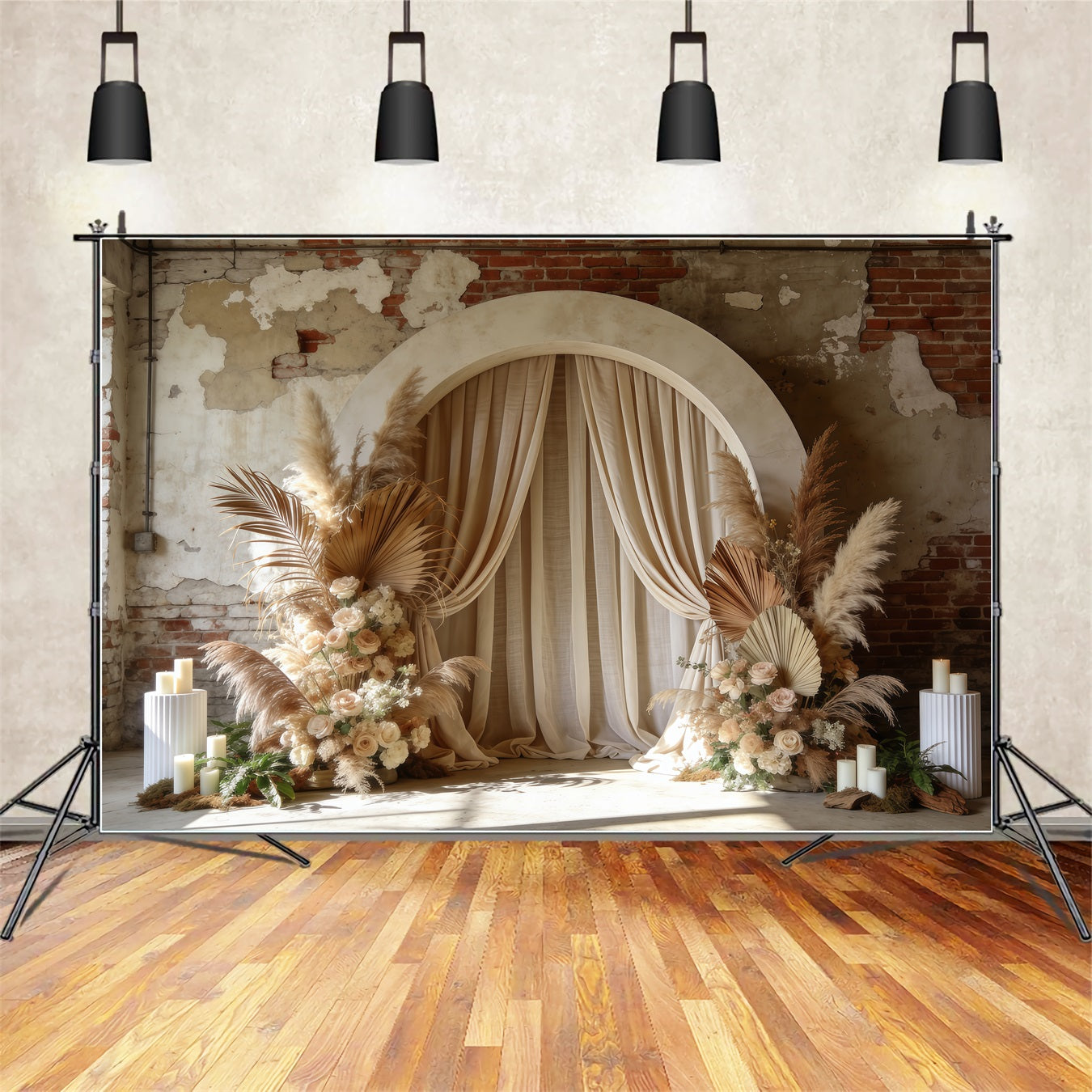 Floral Arch Mother's Day Backdrop Boho Drape Pampas Brick Wall Mothers Day Backdrop Ideas LXX63-21