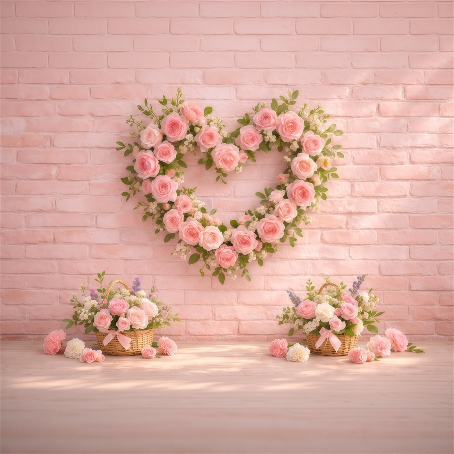 Pink Brick Wall Mother's Day Backdrop Rose Heart Wreath Basket Mother's Day Photo Backdrop Ideas LXX63-23