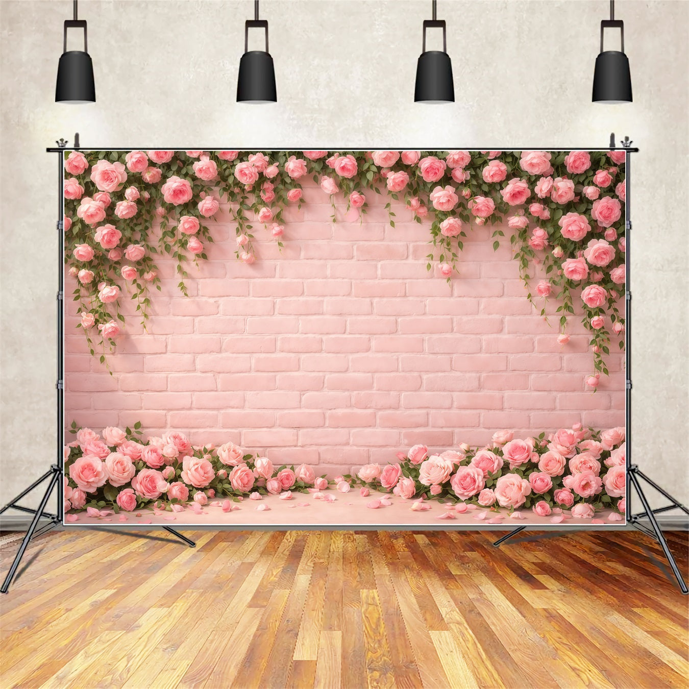 Pink Brick Wall Mother's Day Backdrop Rose Floral Border Petals Mother's Day Photo Backdrop Ideas LXX63-24