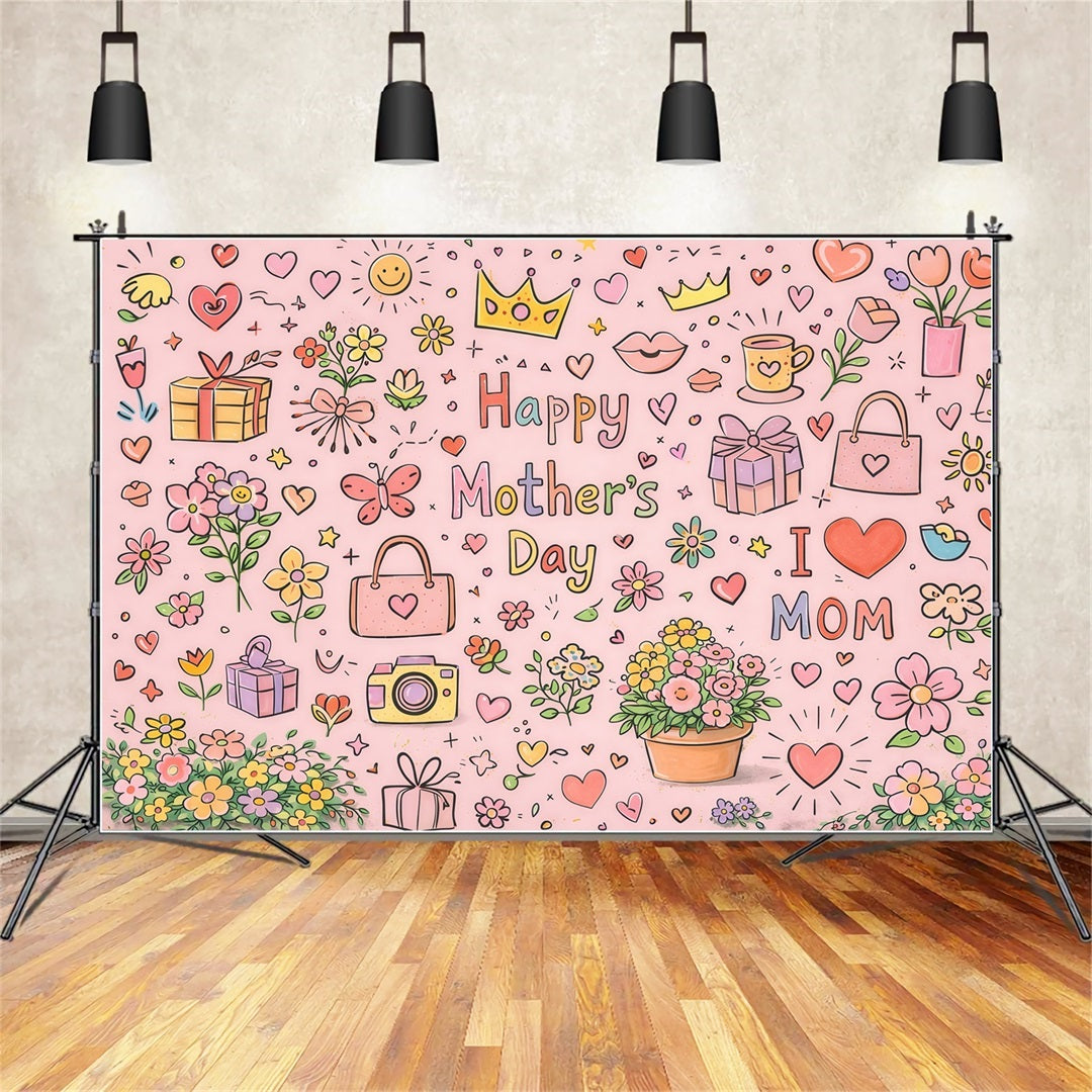 Mom Letters Mother's Day Backdrop Cute Doodle Floral Gift Pattern Backdrop For Mother's Day LXX63-26