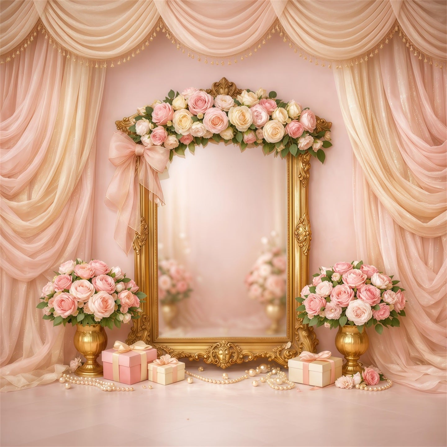 Pink Gold Romance Mother's Day Backdrop Luxury Frame Floral Gift Backdrops For Mother's Day LXX63-31