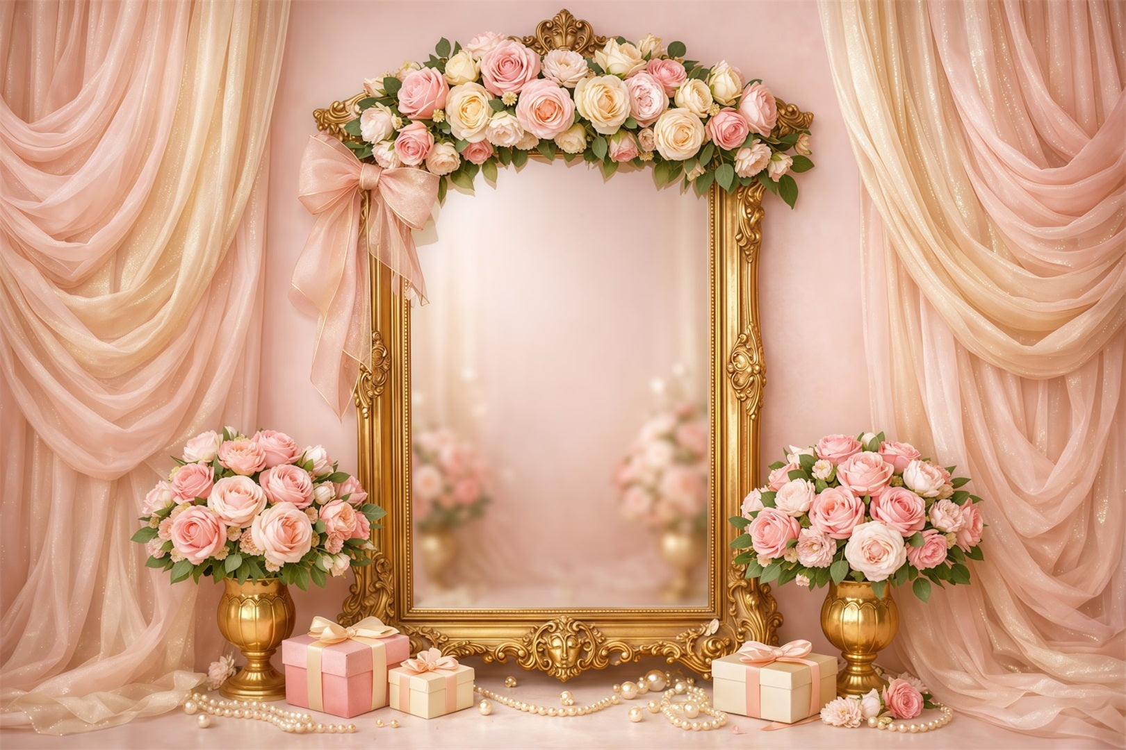 Pink Gold Romance Mother's Day Backdrop Luxury Frame Floral Gift Backdrops For Mother's Day LXX63-31
