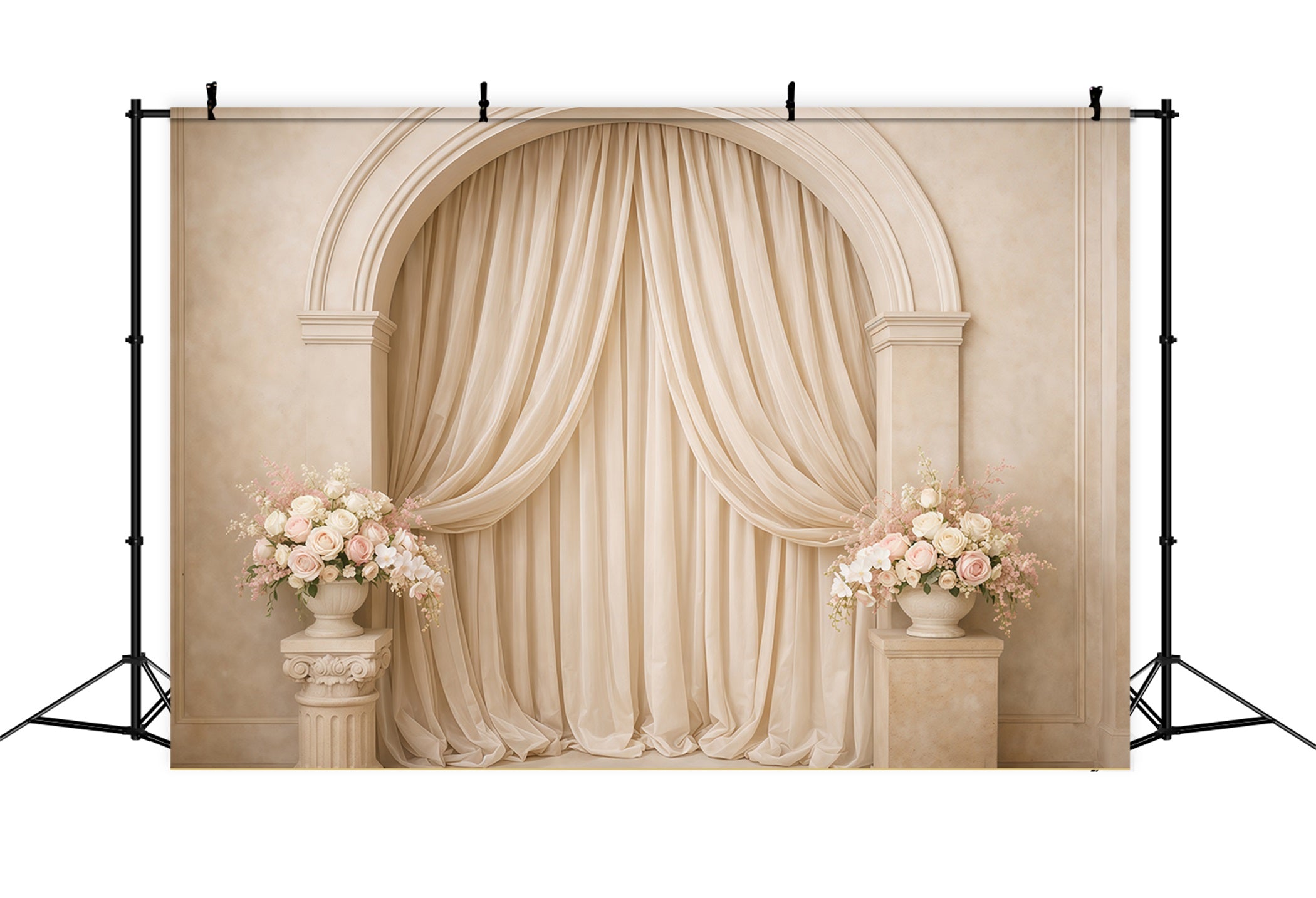 Pastel Retro Mother's Day Backdrop Cream Arch Draped Floral Pedestals Mothers Day Photo Backdrops LXX63-38