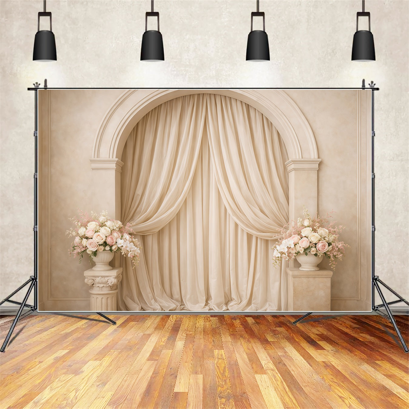 Pastel Retro Mother's Day Backdrop Cream Arch Draped Floral Pedestals Mothers Day Photo Backdrops LXX63-38