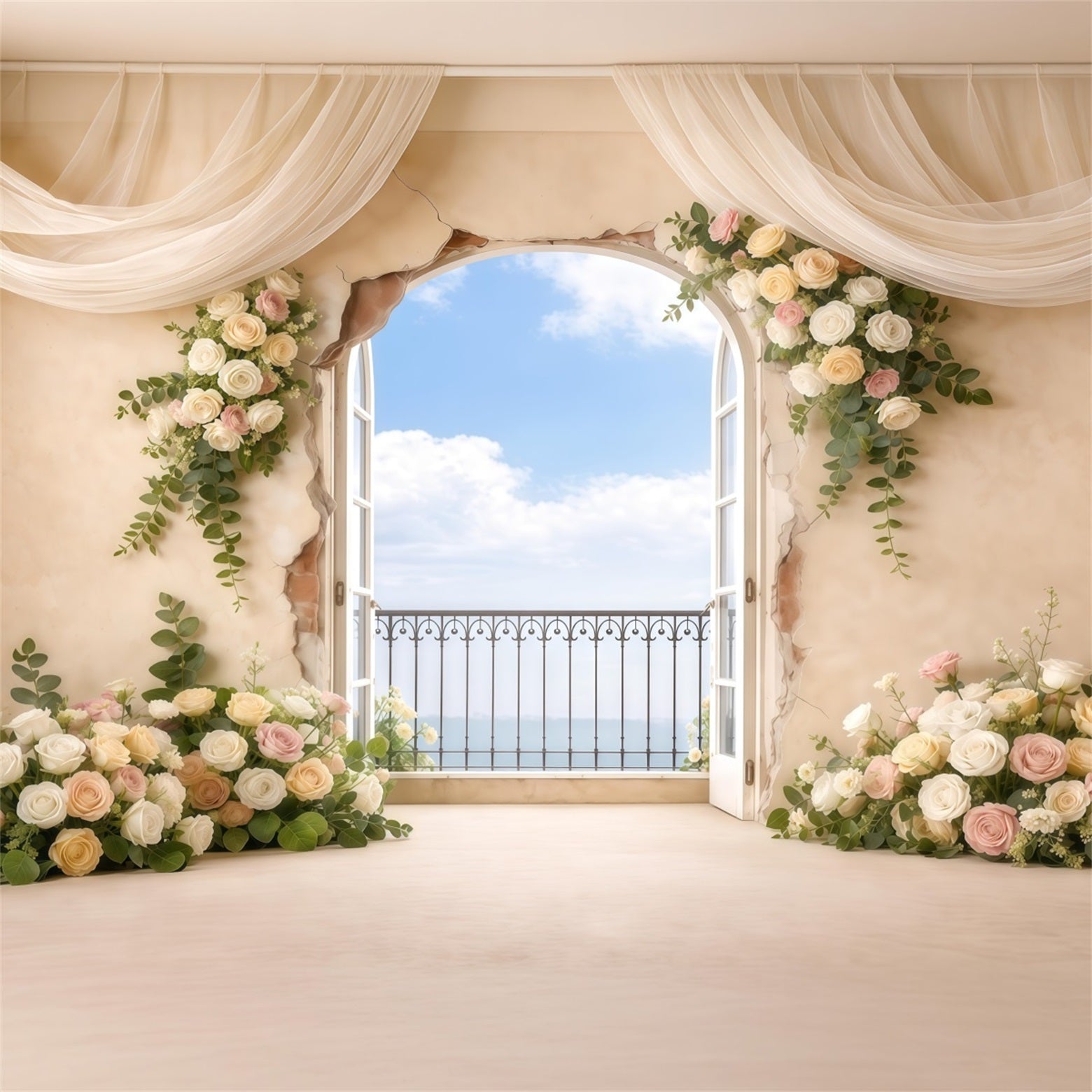 Pastel Retro Mother's Day Backdrop Vintage Window Balcony Floral Mothers Day Photo Backdrops LXX63-39